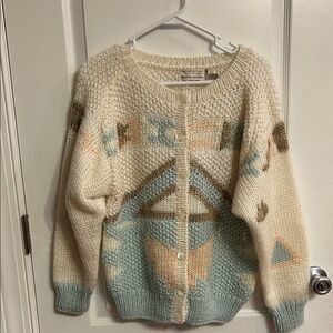 Handnkitted vintage Cream and Blue Geometric Sweater